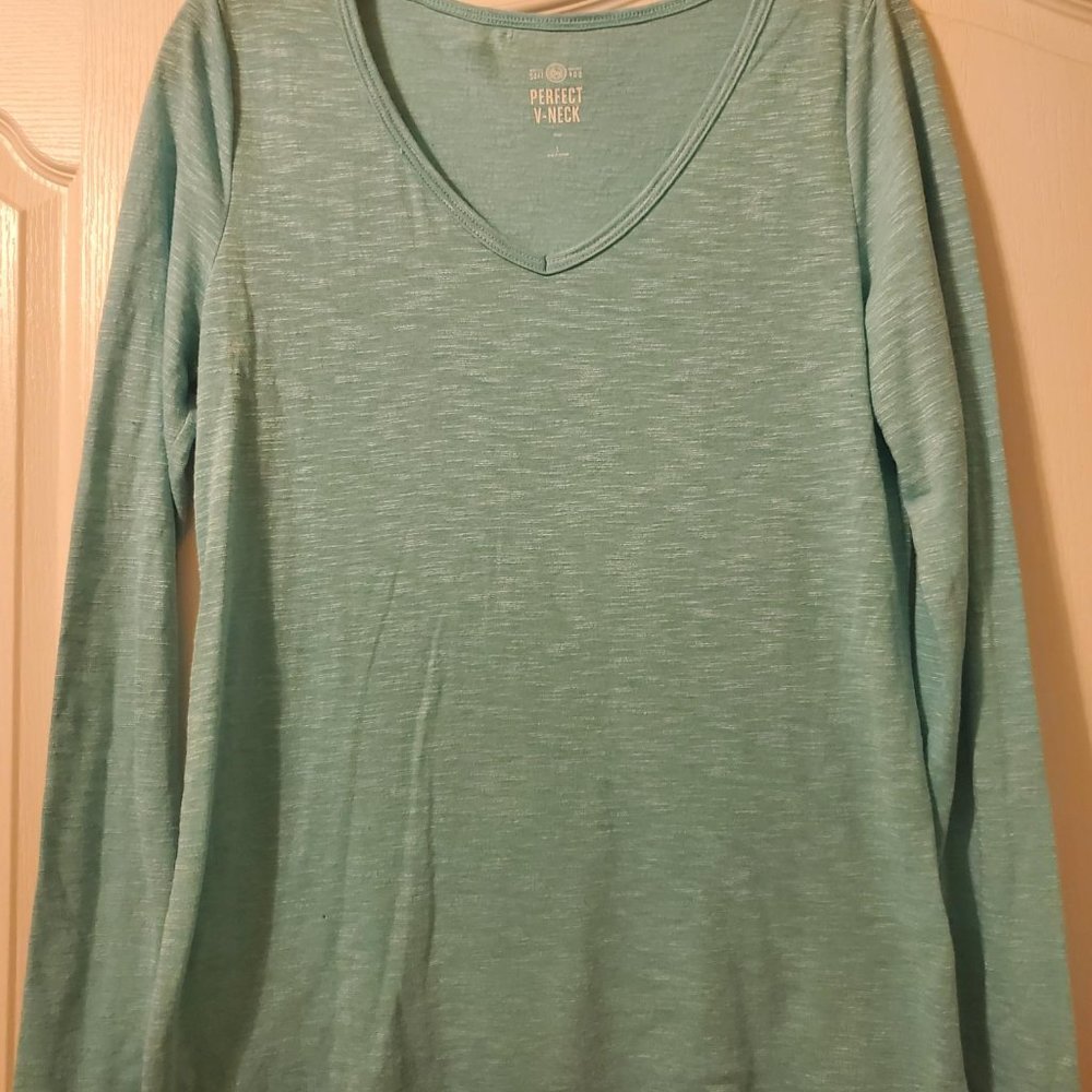#446 SO Blue/Green Longsleeve Perfect V-Neck T-shirt Size L